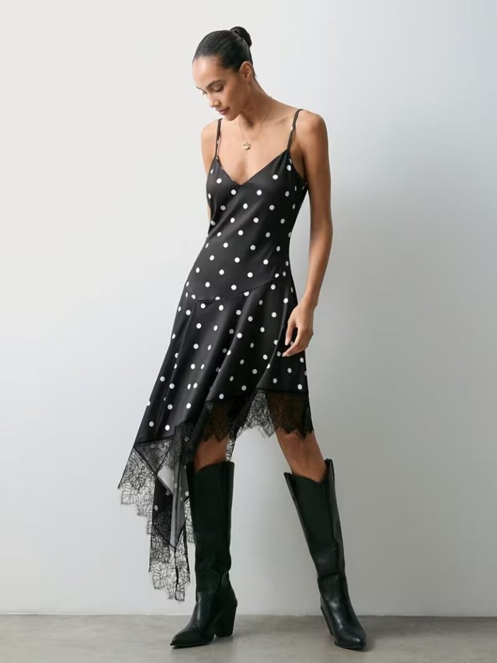 Chic Black & White Polka Dot Lace Dress